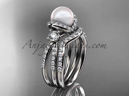 14kt white gold diamond pearl unique engagement set, wedding ring AP146S