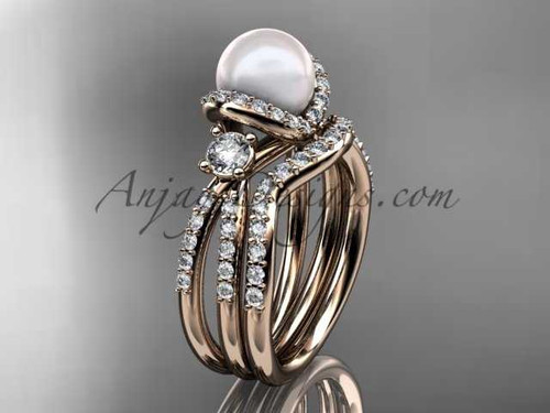 14kt rose gold diamond pearl unique engagement set, wedding ring AP146S