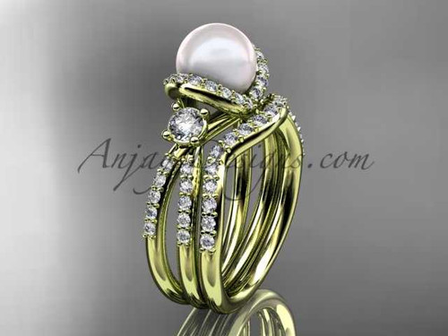 14kt yellow gold diamond pearl unique engagement set, wedding ring AP146S