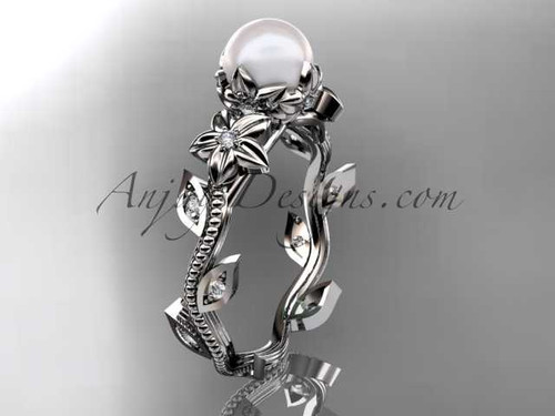14kt white gold diamond pearl unique engagement ring, wedding ring AP151