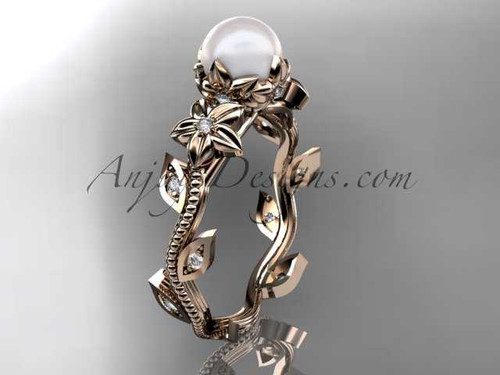 Flawless Diamond and Pearl Engagement Ring, 14kt Rose Gold Leaf & Flower Ring AP151