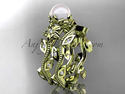 Diamond And Pearl Wedding Set, 14kt Yellow Gold Unique Pearl Leaf Engagement Ring AP151S
