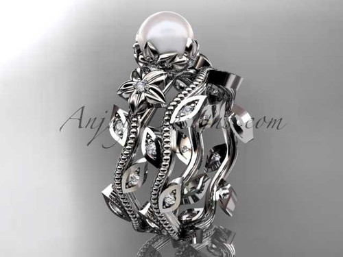 Unusual Diamond Flower Engagement Ring, Platinum Pearl Wedding Set AP151S