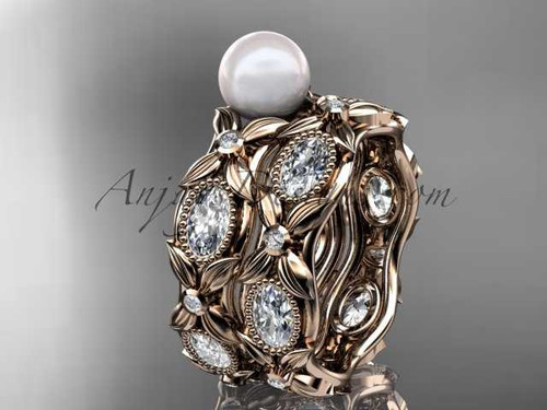 Unique Nature Inspired Bridal Set, 14kt Rose Gold Wedding Band and Engagement Ring AP152