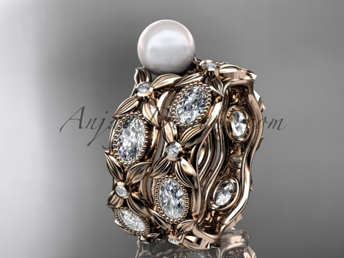 Diamond Pearl Engagement Ring Set, Rose Gold Unique Leaf Wedding Ring 