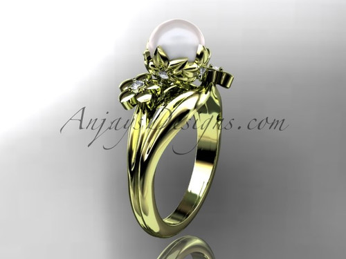 Diamond and Pearl Flower Engagement Ring, Handmade Yellow Gold Wedding Ring 