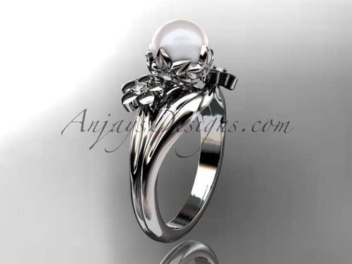 Incredible Nature Inspired Platinum Pearl Wedding Ring with Flowers AP159
