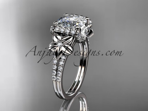 14kt white gold diamond floral wedding ring, engagement ring with cushion cut moissanite ADLR148