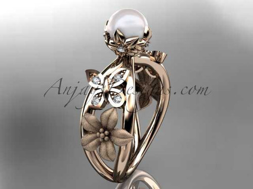 14kt rose gold diamond pearl unique engagement ring, wedding ring AP171