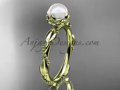 Diamond Unique Pearl Engagement Ring 14kt Yellow Gold Wedding Ring AP178