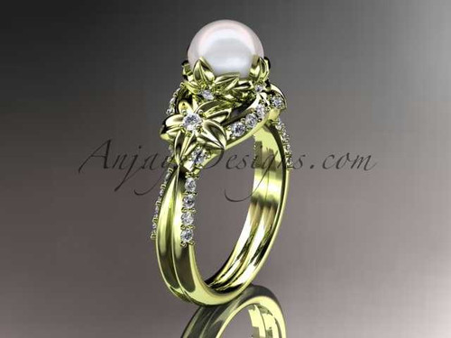 14kt yellow gold diamond pearl unique engagement ring, wedding ring AP220