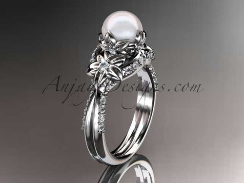 Platinum diamond pearl unique engagement ring, wedding ring AP220