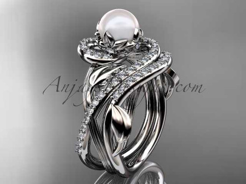 Pearl Engagement Ring Set, Platinum Leaf and Flower Diamond Wedding Ring AP222S
