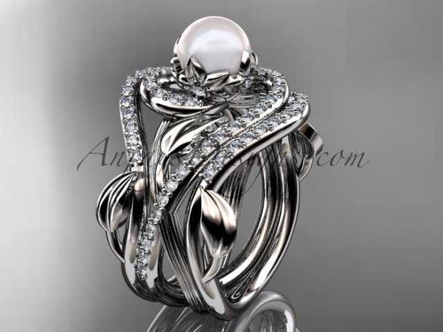 14kt white gold diamond pearl unique engagement ring with double matching band AP222S