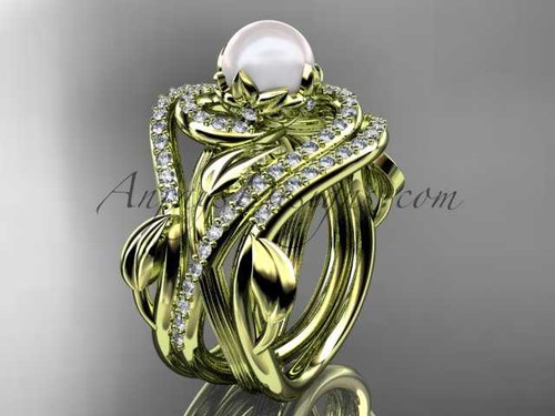 14kt yellow gold diamond pearl unique engagement ring with double matching band AP222S