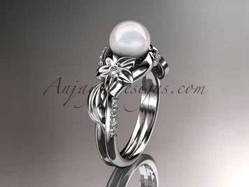 Nature Themed Pearl Wedding Ring, Amazing 14kt White Gold Diamond Engagement Ring AP224