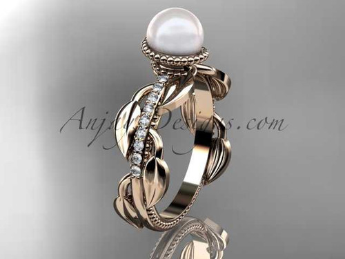 14kt rose gold diamond pearl, leaf and vine engagement ring AP231
