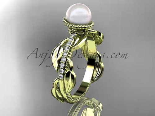 14kt yellow gold diamond pearl, leaf and vine engagement ring AP231