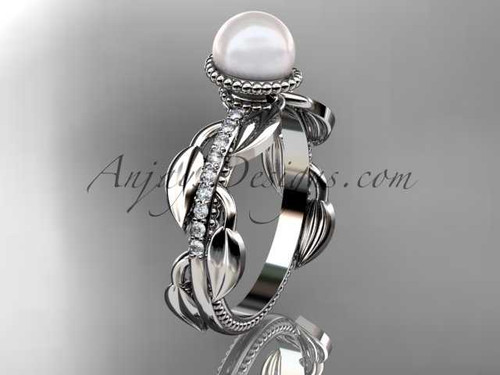 Platinum diamond pearl, leaf and vine engagement ring AP231