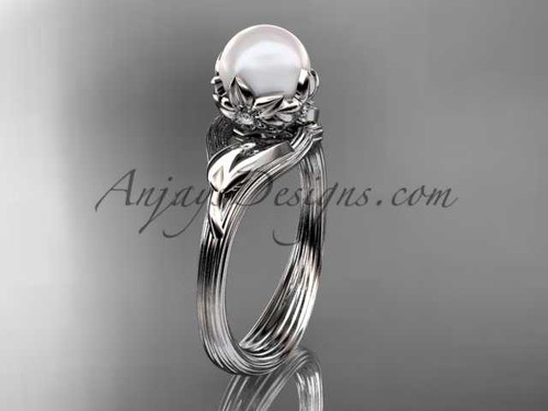 14kt white gold diamond pearl flower, leaf and vine engagement ring AP240