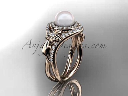 Unique 14kt rose gold diamond pearl floral leaf and vine engagement ring AP245