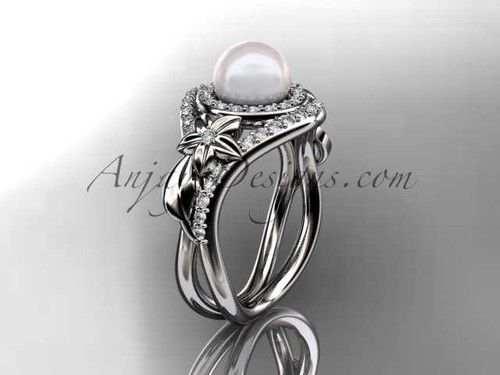 Unique Platinum diamond pearl floral leaf and vine engagement ring AP245