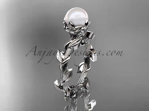 Unique 14kt white gold diamond pearl leaf and vine engagement ring AP248