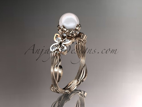 14kt rose gold diamond pearl leaf and vine engagement ring AP251