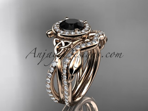 14kt rose gold celtic trinity knot engagement set, wedding ring with a Black Diamond center stone CT789S