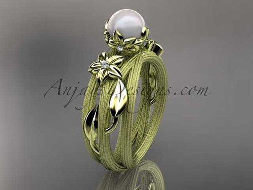 Unique 14kt yellow gold diamond leaf and vine pearl engagement ring AP253