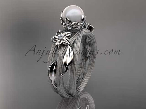 Handmade Pearl Wedding Ring, Platinum Leaf and Flower Engagement Ring AP253