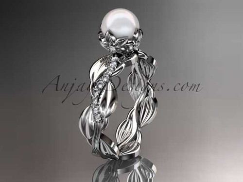 Unique Platinum diamond leaf and vine pearl engagement ring AP258