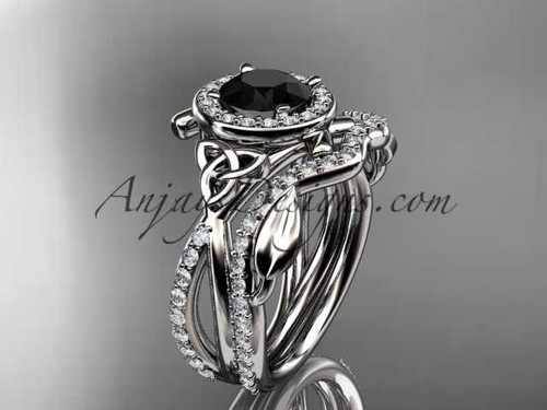 14kt white gold celtic trinity knot engagement set, wedding ring with a Black Diamond center stone CT789S