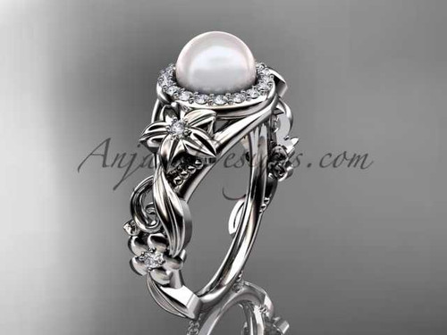 14kt white gold diamond pearl unique engagement ring AP300