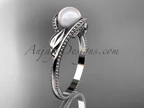 Unique 14kt white gold leaf and vine pearl engagement ring AP301