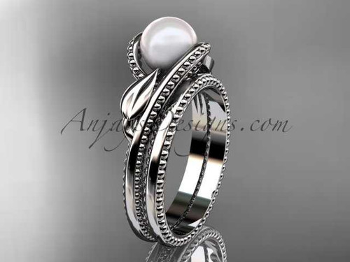 Unique 14kt white gold leaf and vine pearl engagement set AP301S