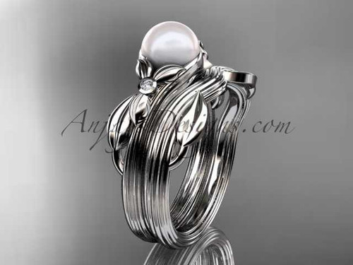 Amazing Leaf Engagement Ring, Nature Themed Platinum Pearl Wedding Set AP324S