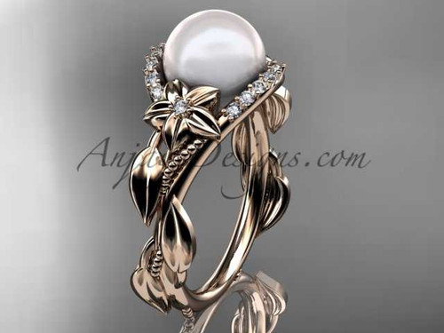 Unique Pearl and Diamond Engagement Ring, 14kt Rose Gold Wedding Ring AP326