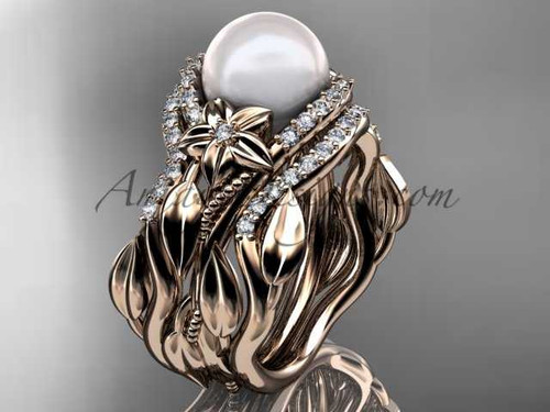 Unique Diamond and Pearl Leaf Engagement Ring Set, Double Band Bridal Ring AP326S