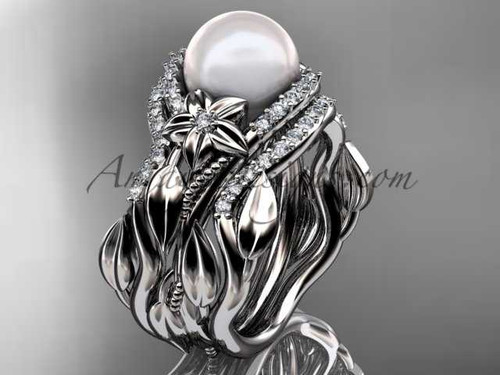 Platinum diamond pearl unique engagement ring with double matching band AP326S