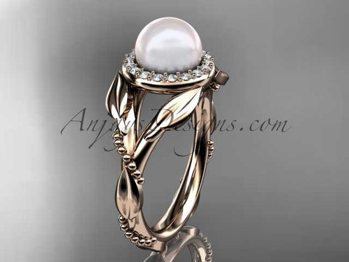 Unique Pearl and Diamond Engagement Ring, 14kt Rose Gold Leaf Nature Inspired Ring AP328