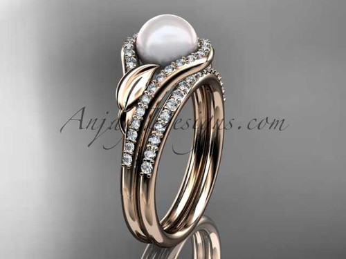 14k rose gold diamond pearl leaf engagement set AP334S
