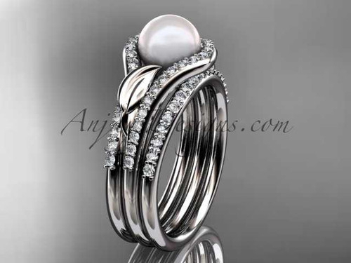 14k white gold diamond pearl leaf engagement ring with a double matching band AP334S