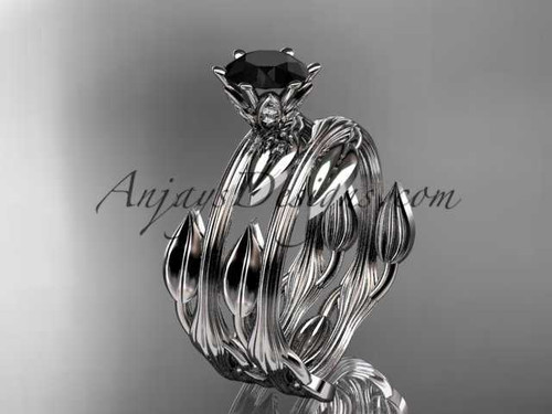 14k white gold leaf and vine wedding ring, engagement set with a Black Diamond center stone ADLR343S