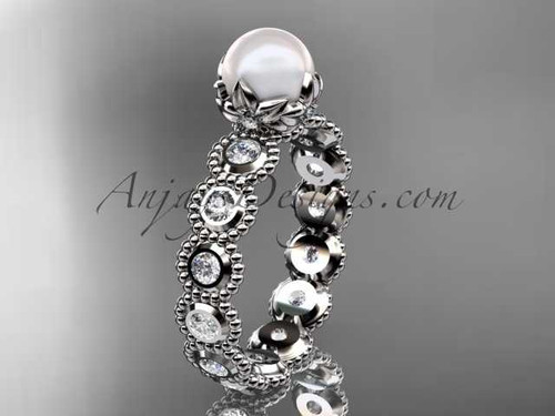 14kt white gold diamond pearl unique engagement ring, wedding ring AP345