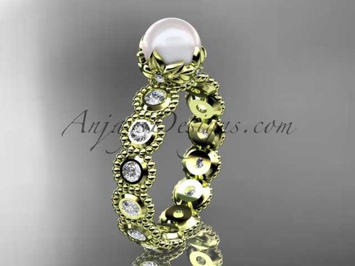 14kt yellow gold diamond pearl unique engagement ring, wedding ring AP345