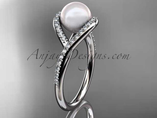 14kt white gold diamond pearl unique engagement ring, wedding ring AP383