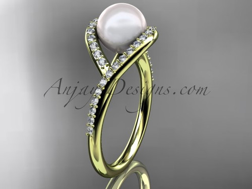 14kt yellow gold diamond pearl unique engagement ring, wedding ring AP383