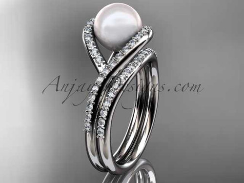14kt white gold diamond pearl unique engagement set, wedding ring AP383S