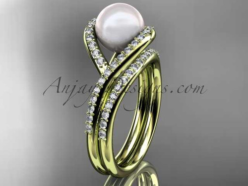 14kt yellow gold diamond pearl unique engagement set, wedding ring AP383S